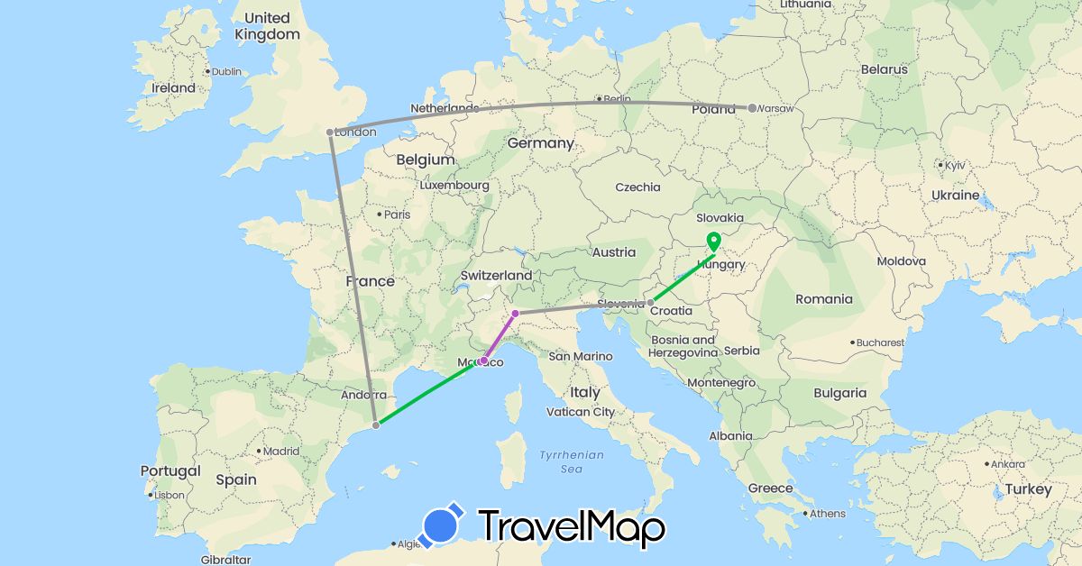 TravelMap itinerary: driving, bus, plane, train in Spain, France, United Kingdom, Croatia, Hungary, Italy, Monaco, Poland (Europe)